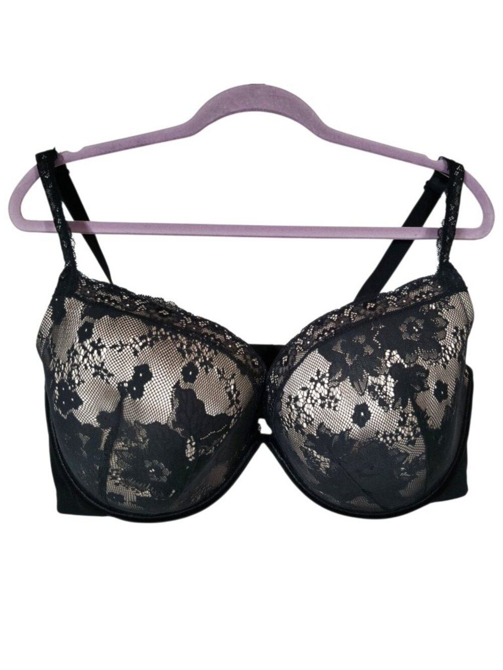 Cacique 44DDD Bra Black Bold Lace Plunge Underwire - No Air Pillows